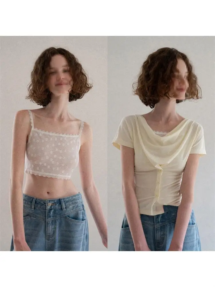 Spring Summer Lace Trim Camisole Thin Anti-Light Slim Short White Inner Wear Tank Top Women's Fashion Commute Style Micro Ela...
