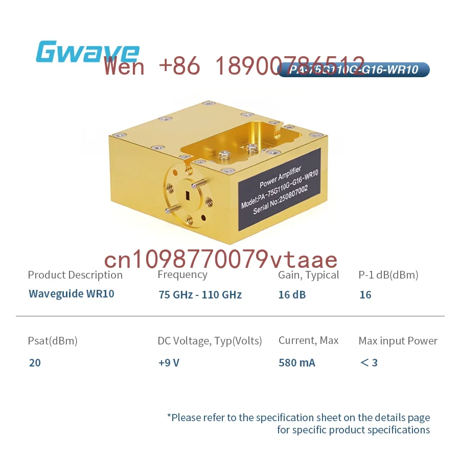 Gwave Waveguide WR10 16dB Gain 20dBm Psat 75-110GHz 50 Ohm Coaxial Connector Power Amplifier (PA) Low Noise Figure Gold Plated