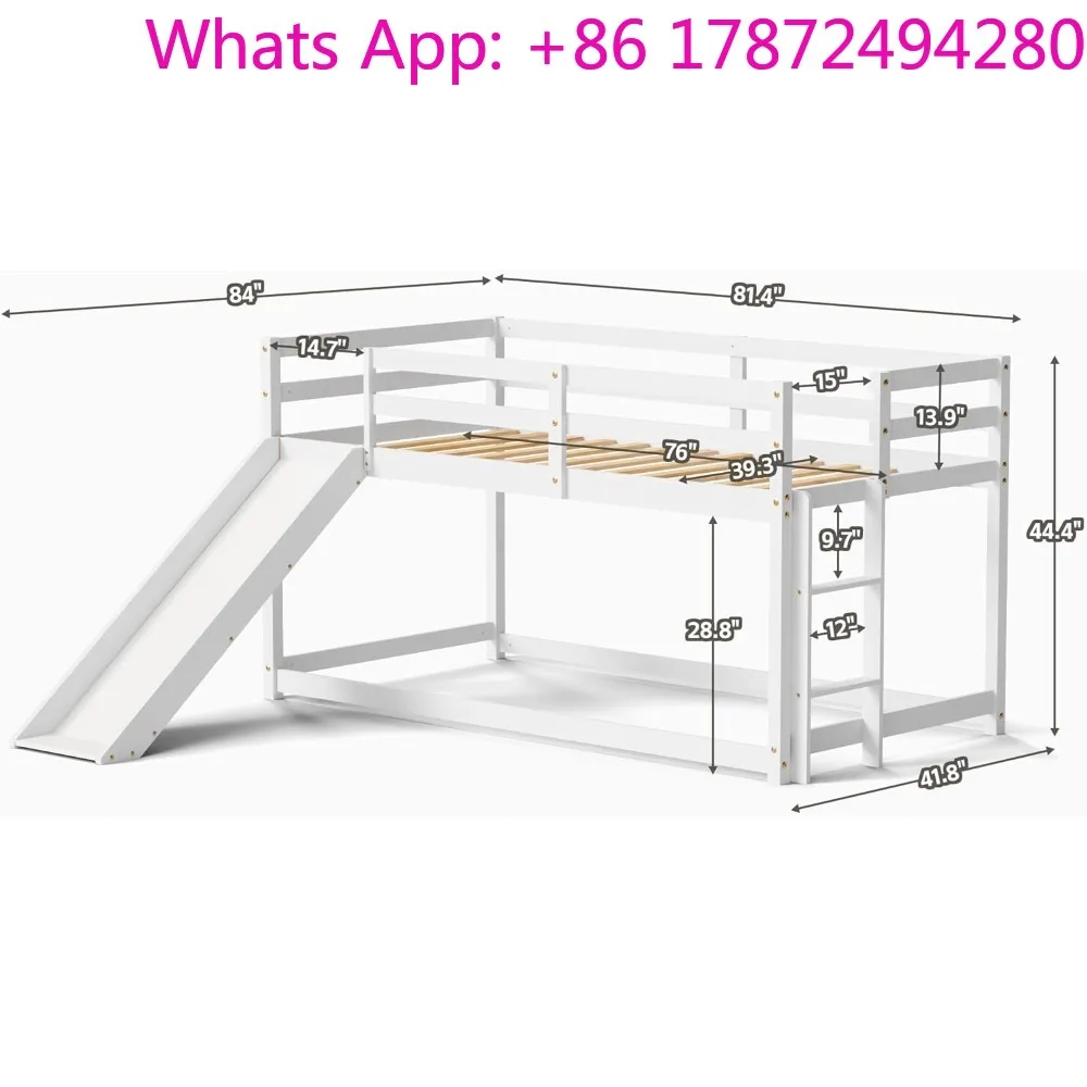 Floor Loft Bed with Climbing Ladder, Wood Twin Bunk Bed Frame with Full Guardrails & Storage Space