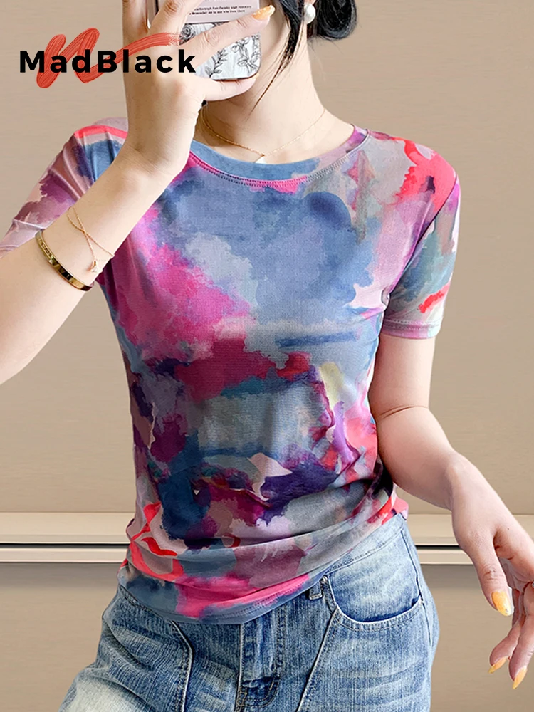 

MadBlack-Women European T-Shirt, Sexy O Neck Halo Printing, Clubwear Short Sleeve Slim Mesh S-3XL Tee, 2025 Autumn New T58973CC
