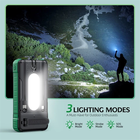 Ручная рукоятка Solar Power Bank 20000, водонепроницаемое портативное зарядное устройство Powerbank для iPhone, Samsung, Huawei, Xiaomi, внешняя запасная батарея