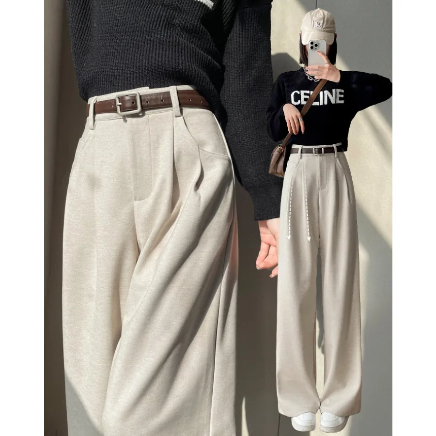 Winter Warm Fleece Lined Wool Blend Pant with Belt Thermal Suit Trouser Straight Wide Leg Long Brushed Pants Pocket Thick Women