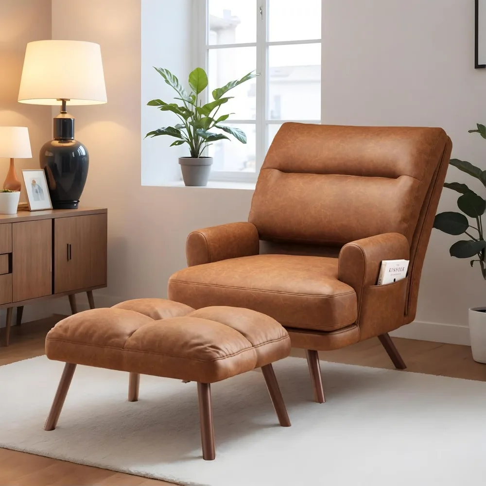 Reading Chair with Ottoman, Reclining Chair with Footrest, Accent Chair with Adjustable Backrest, Side Pocket