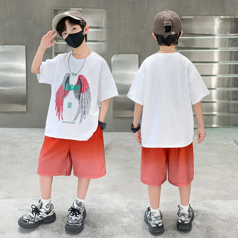 New Kids Boy Summer Clothing Set Cotton T-shirt With Wings Print + Shorts 2 Pieces Tracksuit Outfit for Child Suit Wear 5-14 T