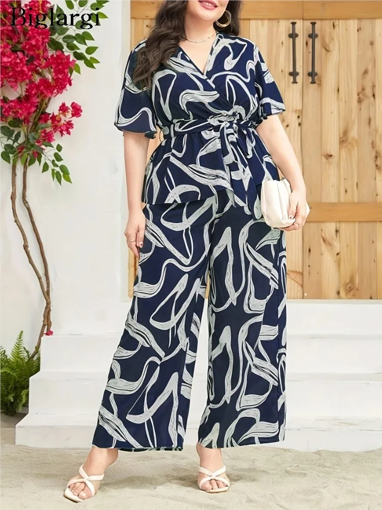 

Plus Size Summer 2 Two Piece Set Women Ruffle Fashion Short Sleeve V-Neck Ladies Blouses Loose Pleated Woman Wide Leg Pant