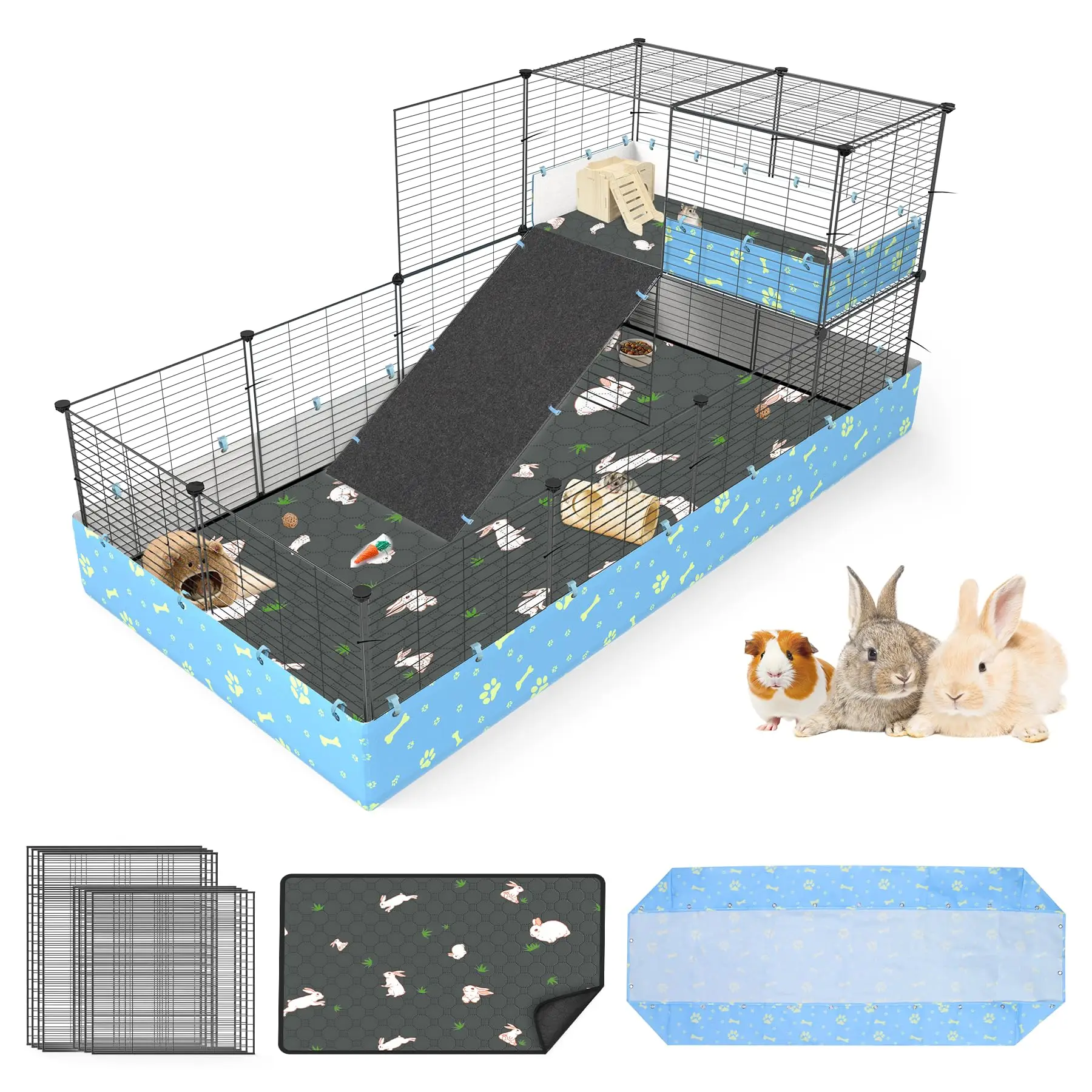Guinea Pig Cages with Tarp and Bedding Pee Pad Liner, 2-Story Large Guinea Pig Playpen C&C Loft Cage for 2 Rabbit Bunny