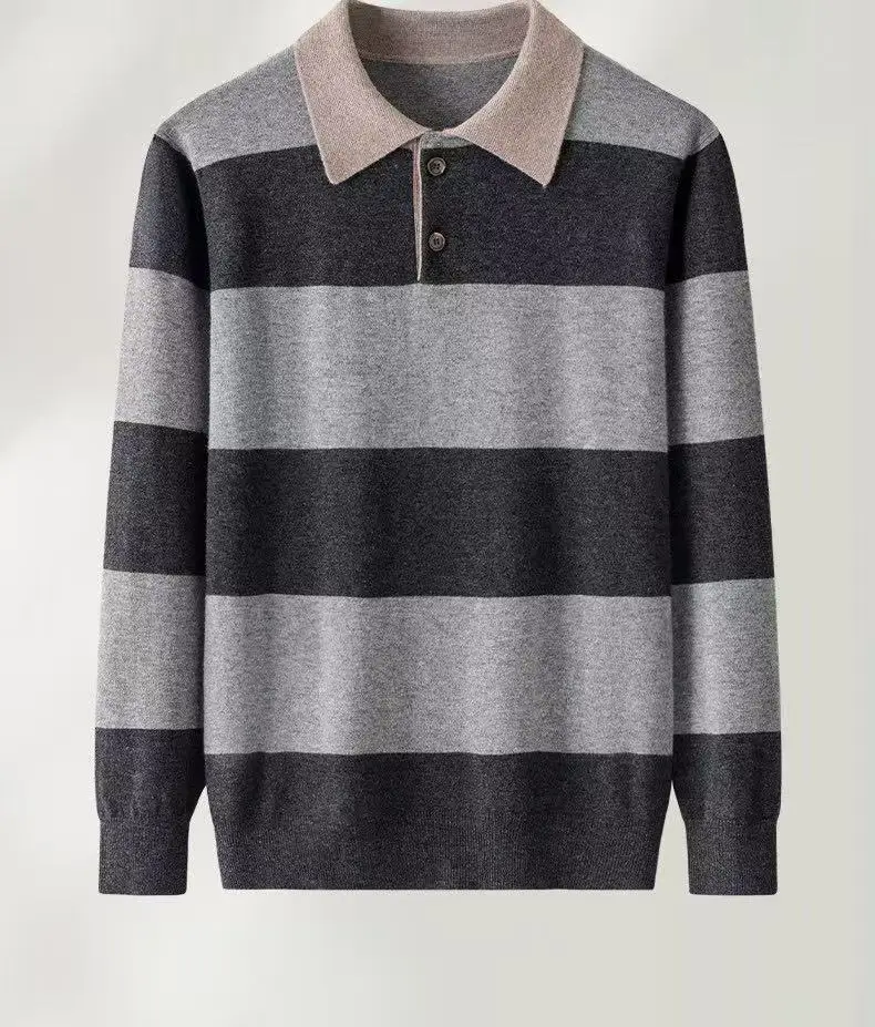 100% cashmere sweater in autumn and winter Men's polo neck striped contrast sweater sweater