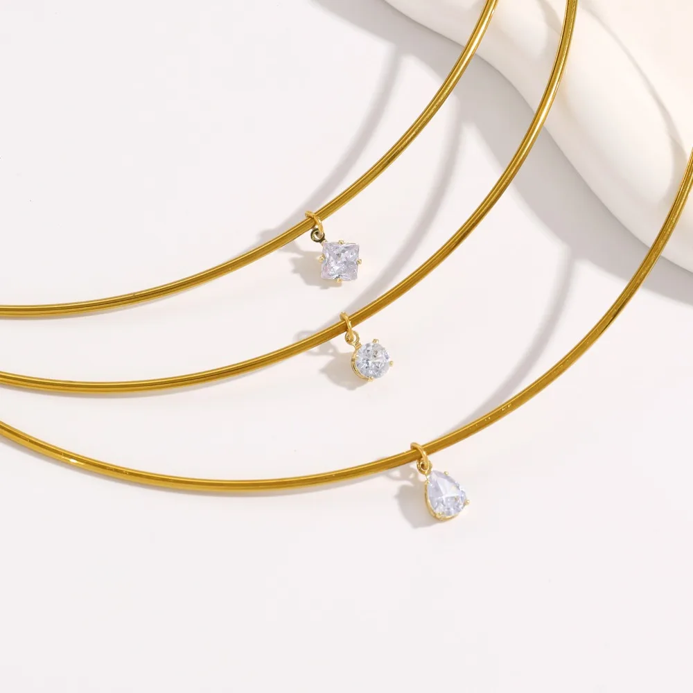 Minimalist Stainless Steel Gold Color Metal Choker Necklace Tiny Solitaire Zircon Pendant Adjustable Collar for Women Jewelry