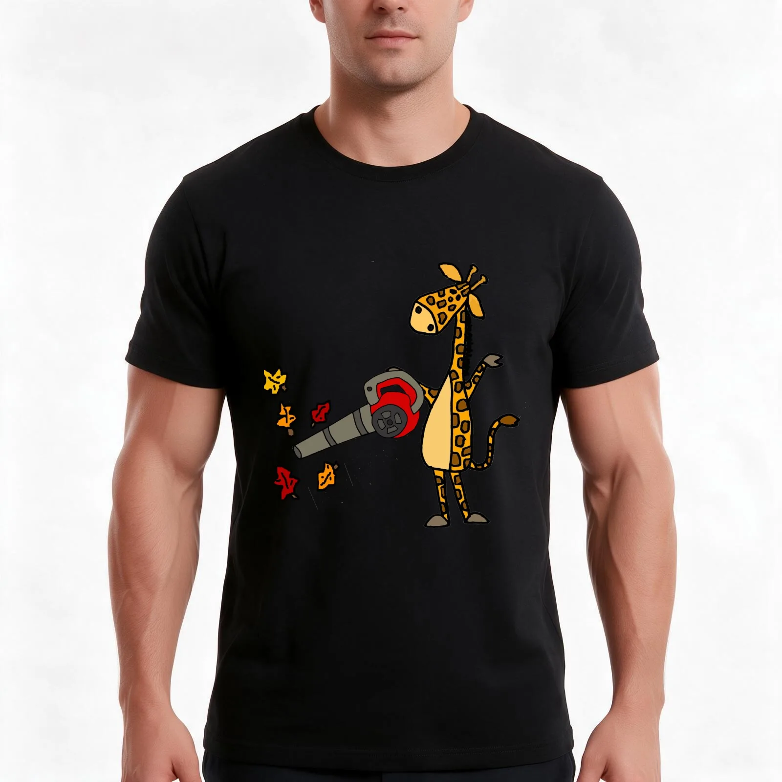 Funny Giraffe using Leaf Blower T-Shirt, Summer Casual Cotton Tee, Oversized Streetwear Tops, Vintage Graphic Print, 100% Cotton