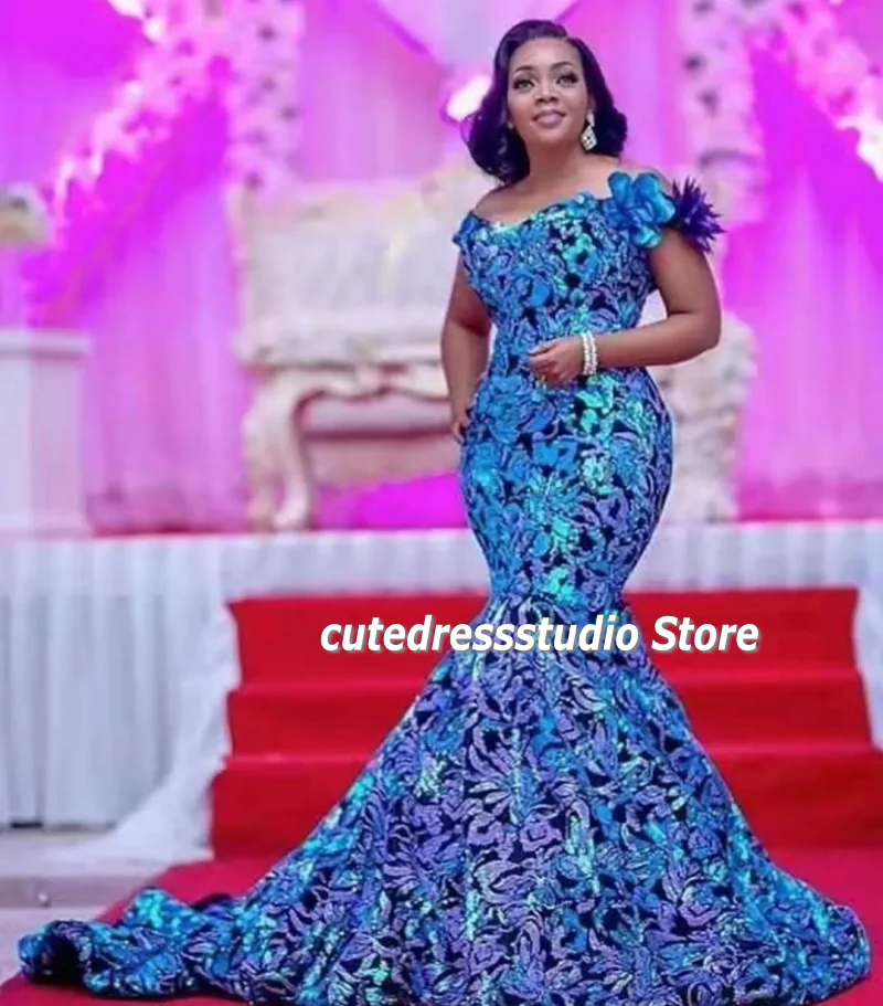 Vestido elegante de sirena con hombros descubiertos para mujer, vestidos de noche con lentejuelas florales para fiesta de boda, tren de barrido personalizado, 2025