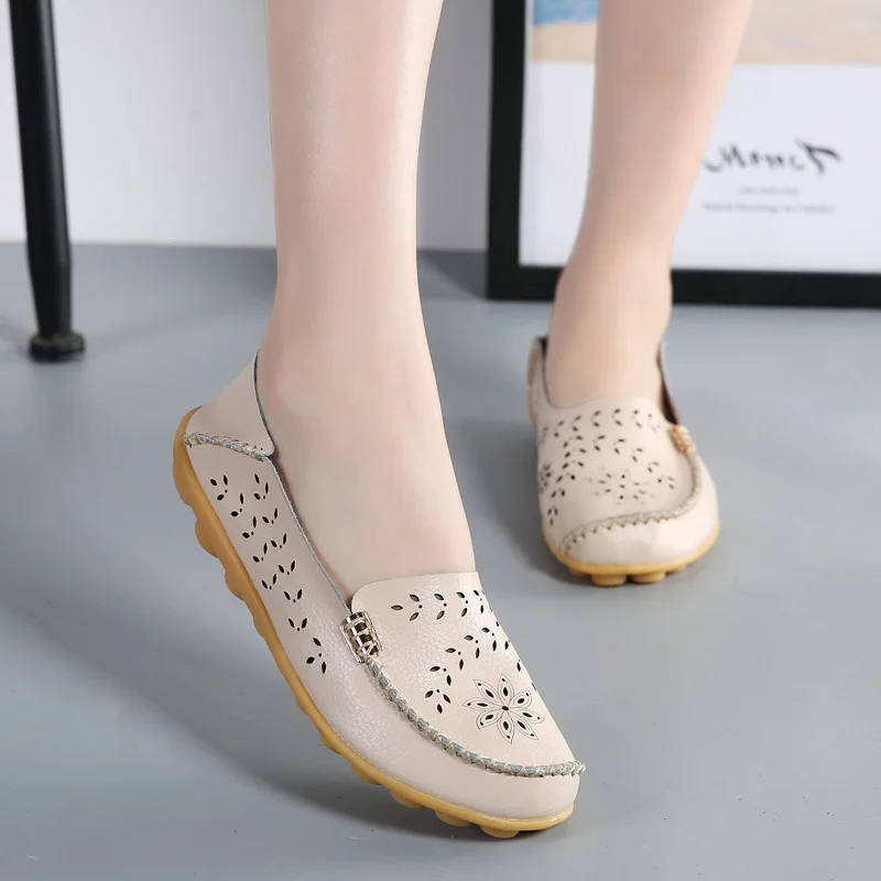 Summer Women\'s Ballet Flats Genuine Leather Hollow Out Casual Shoes Woman Slip on Loafers Flats Soft Oxford Shoes Zapatos Mujer