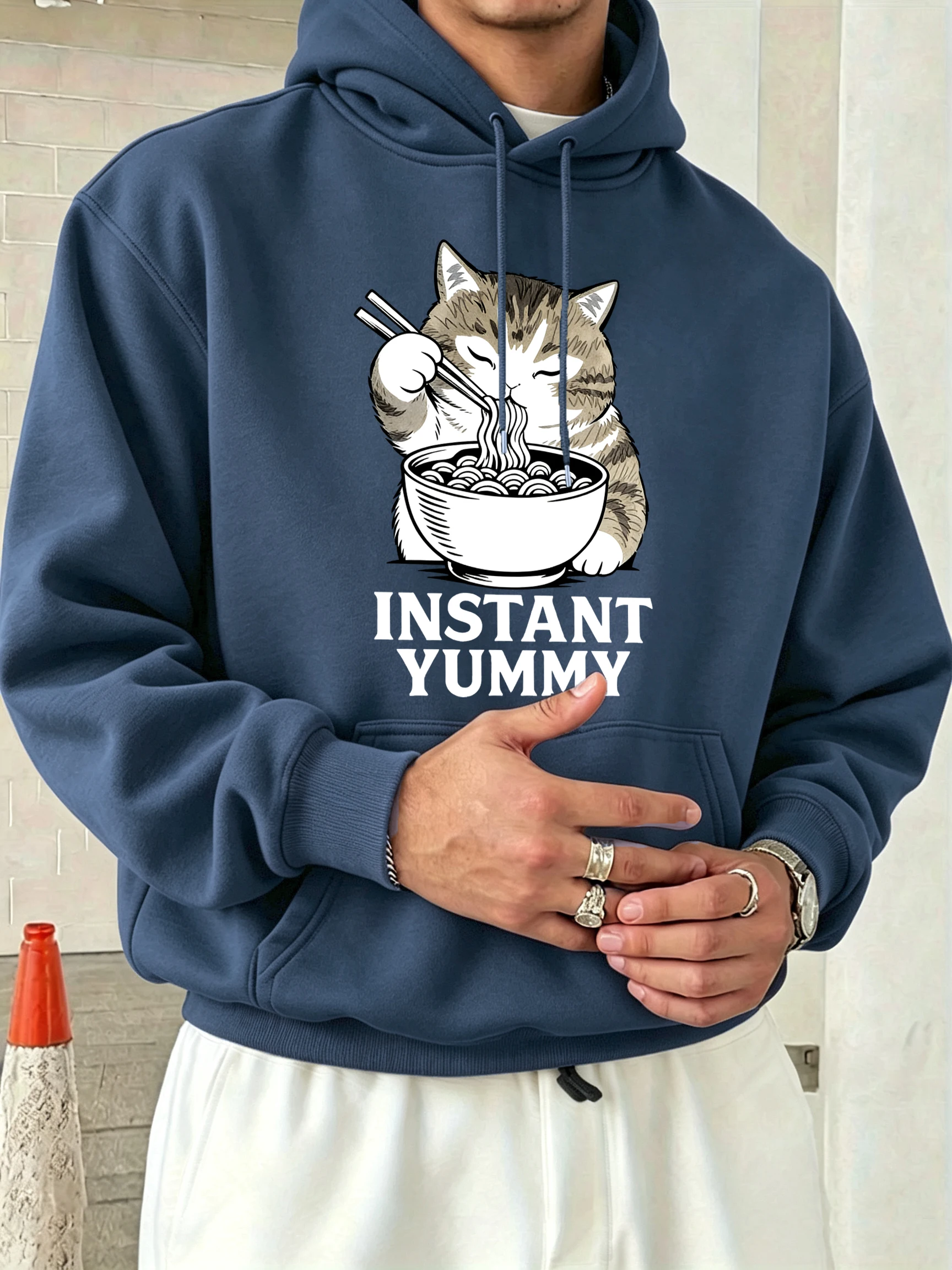 Kittens Eat Delicious Noodles Print Men Fleece Street Long Sleeve Sport O-Neck Loose Pullovers All-Match Basics Unisex Clothes