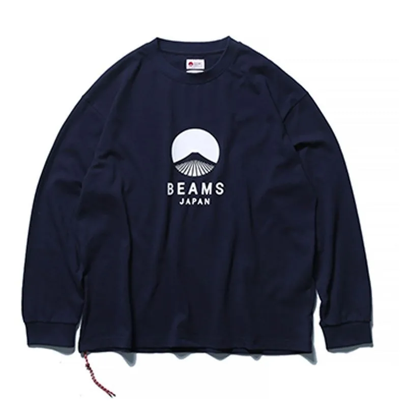 Men's long-sleeve T-shirt round-neck Japanese style, loose cotton pullover base layer top with comfort soft breathable.