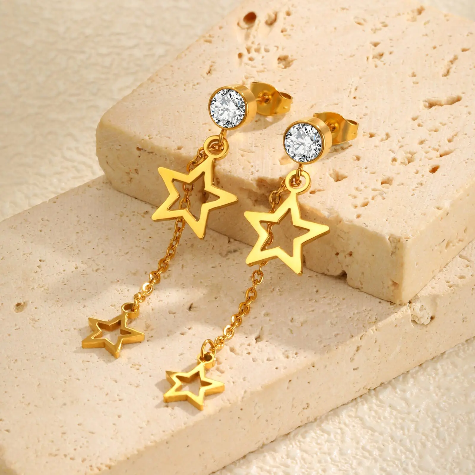 Stainless Steel Link Star Dangle Earrings Long Chain Tassel Earrings for Woman Jewelry Gift
