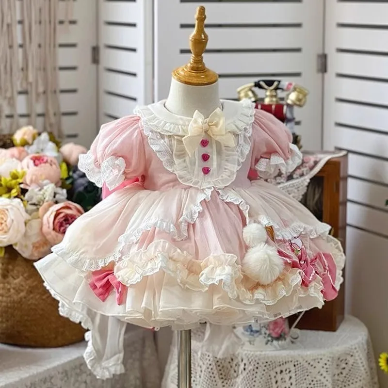 2026 Summer Hot Selling Lolita Pink Splicing White Palace Style Bow Hairball Dress for Girls