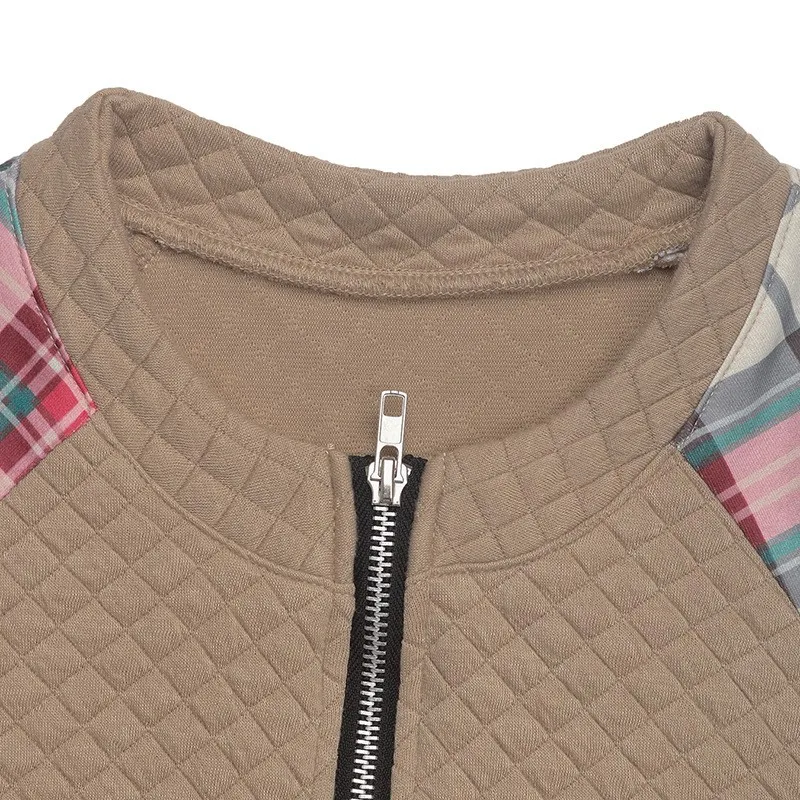Plaid Patchwork Sweatshirt Loose Fit Literary Retro with Regular Length Autumn Striped Standard Thickness Crew Neck Women Hoodie