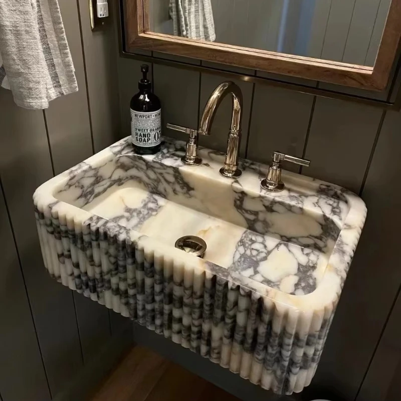 Custom Floating Marble Dresser Sink Floating Caracatta Viola with Grooved Apron Design