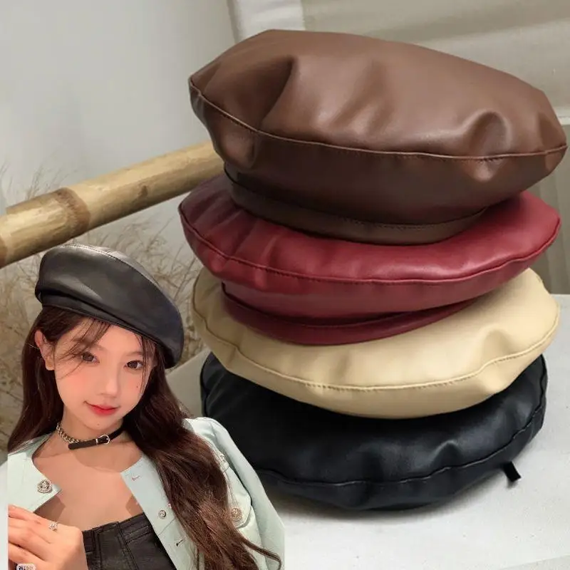 

Fashion PU Leather Berets Korean Solid Color Sun Hats Leisure Octagon Hat Autumn And Winter Versatile Painter Hat Pumpkin Hat