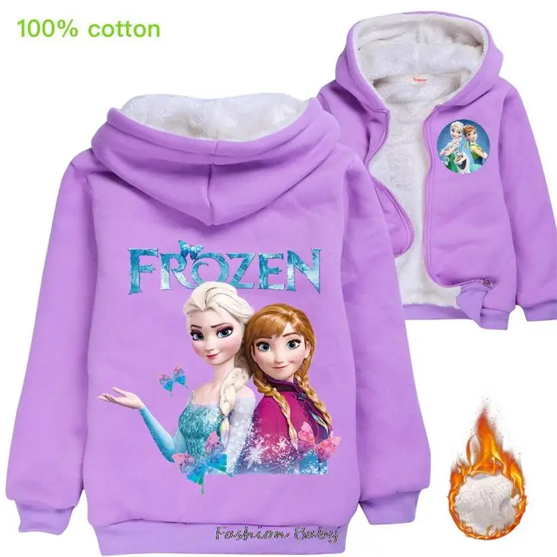 Girl\'s Fall Keep Warm Hooded Frozen Elsa Children\'s Clothing Cardigan Zipper Thick Jacket Girls Coat Anime Hooded Sweater