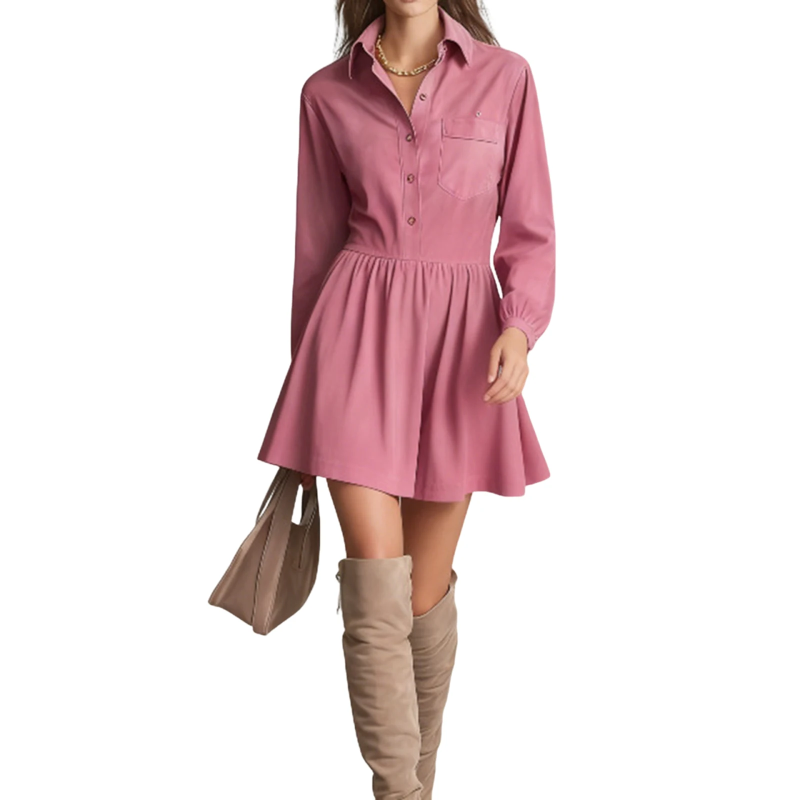 Lady Business Style Dress Fashion Solid Color Long Sleeve Dress Single Breasted Long Sleeve Elegant Temperament Lapel Dress