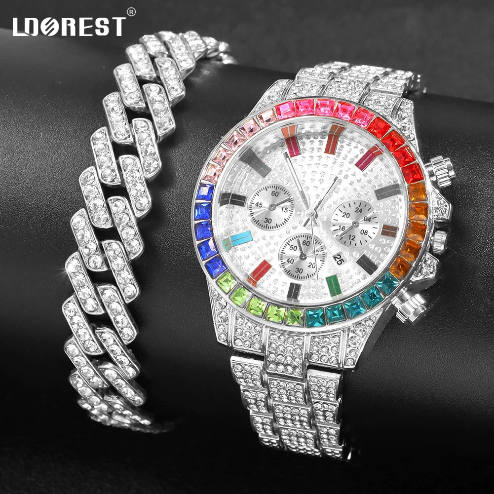 2PCS Hip Hop Iced Out Square Cuban Link Bracelet Men Women Watch+Bracelet Crystal Rhinestones  Paved Punk Rock Bracelets Jewelry