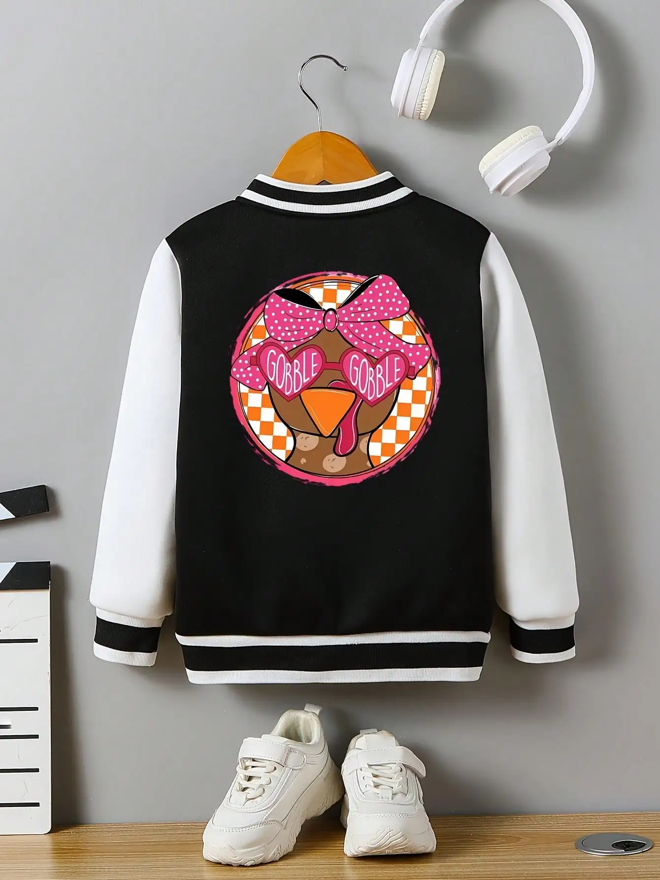 Children's baseball jersey, Thanksgiving bow chicken with pocket, holiday party, back print. The child's gift