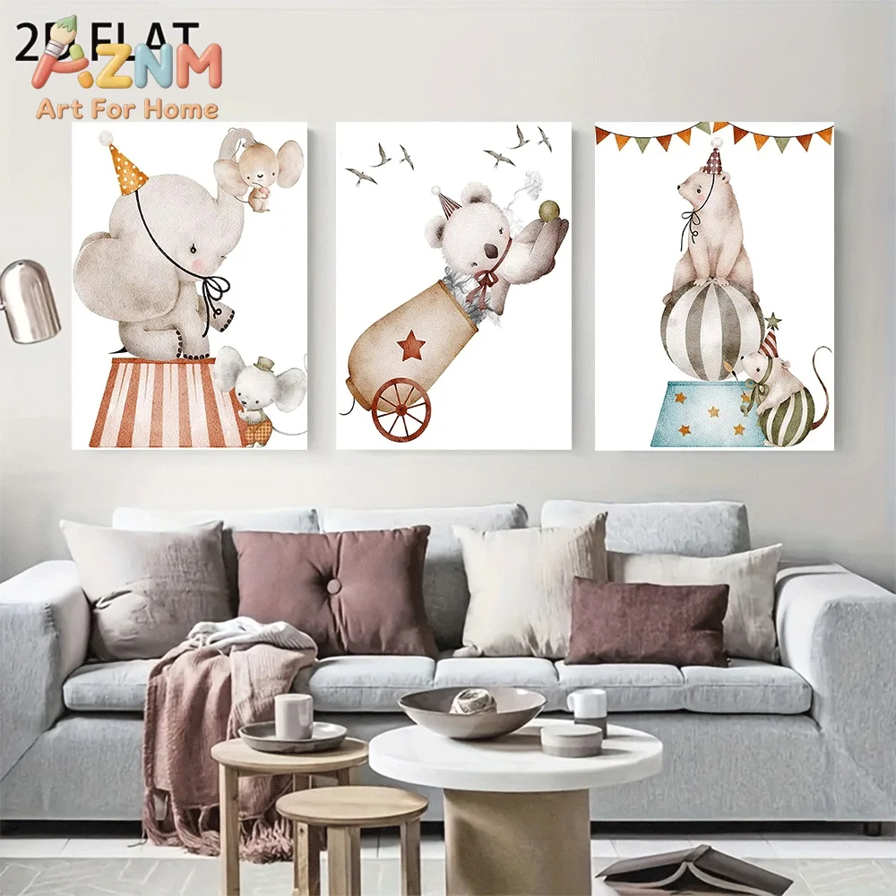 AZNM Watercolor Circus Animal Canvas Wall Art, Cute Elephant Bear Mouse Ball Cannon Performance Cartoon Boho Style Sweet Nursery