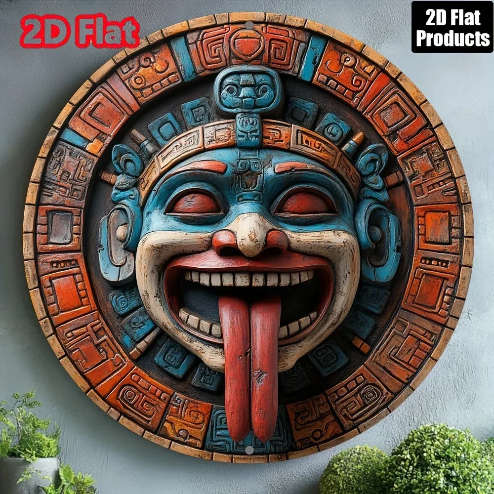 Letrero Metálico Redondo 2D Vintage con Máscara Maya Azteca, Placa Decorativa de Pared Tribal Mesoamericana Retro, Clásica Precolombiana