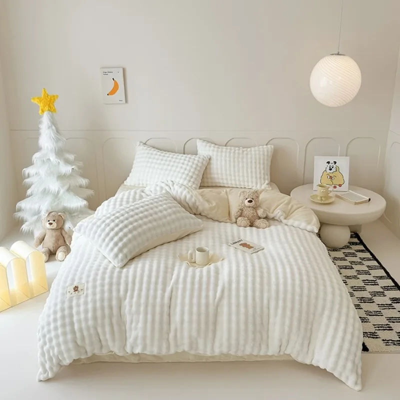 Solid Color Simple High Gram Heavy Bubble Rabbit Plush Four-Piece Set Autumn and Winter Thickened Fleece Kit Bedding