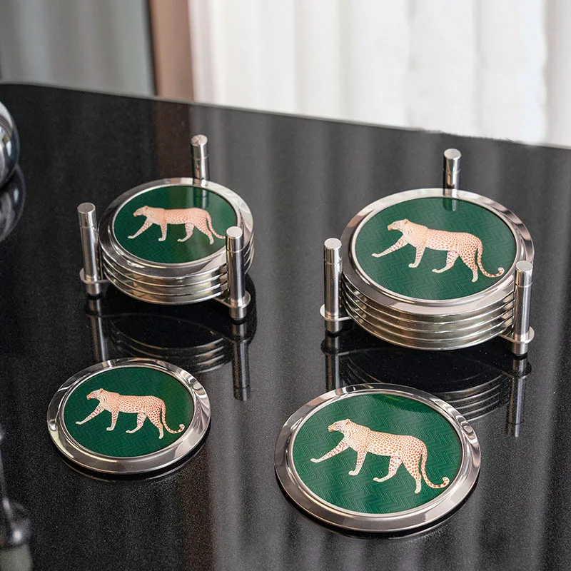 

Stainless Steel Coaster Tea Cup Table Mats Acrylic, Heat Insulation. Leopard Round Shape with Mild Steel Shelf Bracket