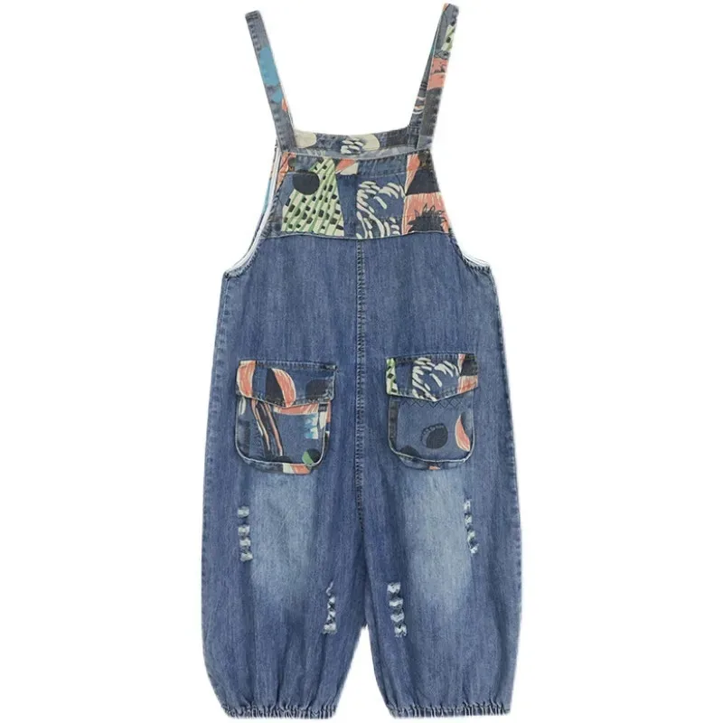 2024 New Summer Print Strap Denim Jumpsuit Women Fashion Jean Rompers Female Loose Suspender Spliced Wide Leg Cropped Pants W435