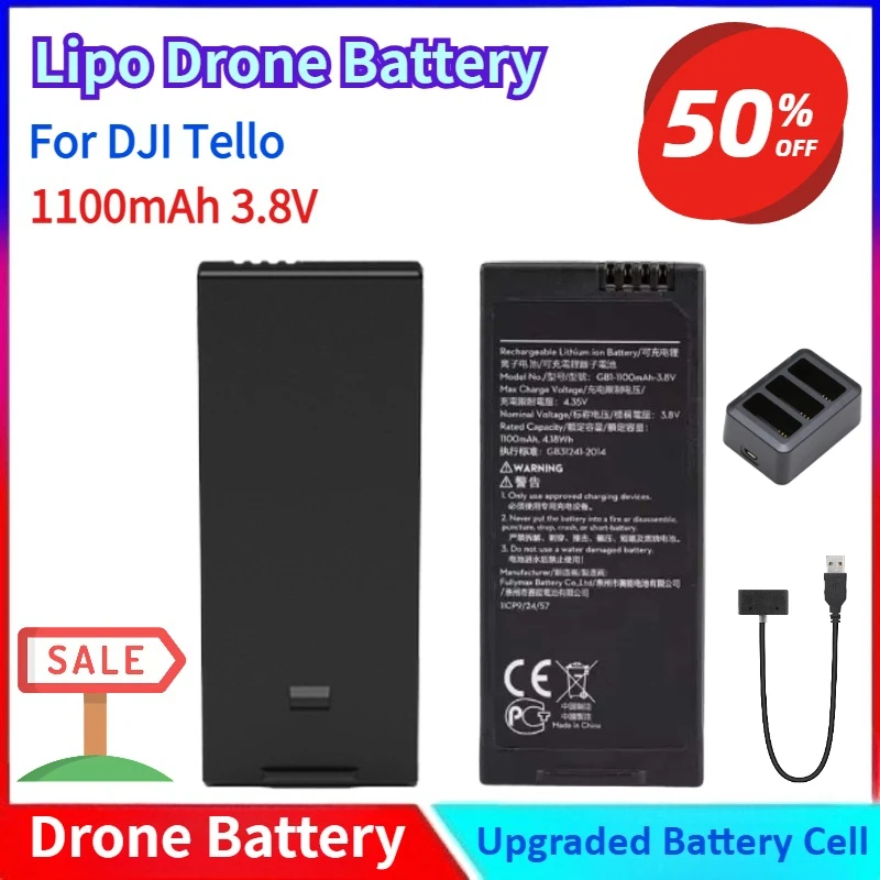 

New 3.8V 1100mAh Drone Battery for DJI Tello Flight Battery for Tello Accessories Charger Hub and Single-Battery Charging Cable