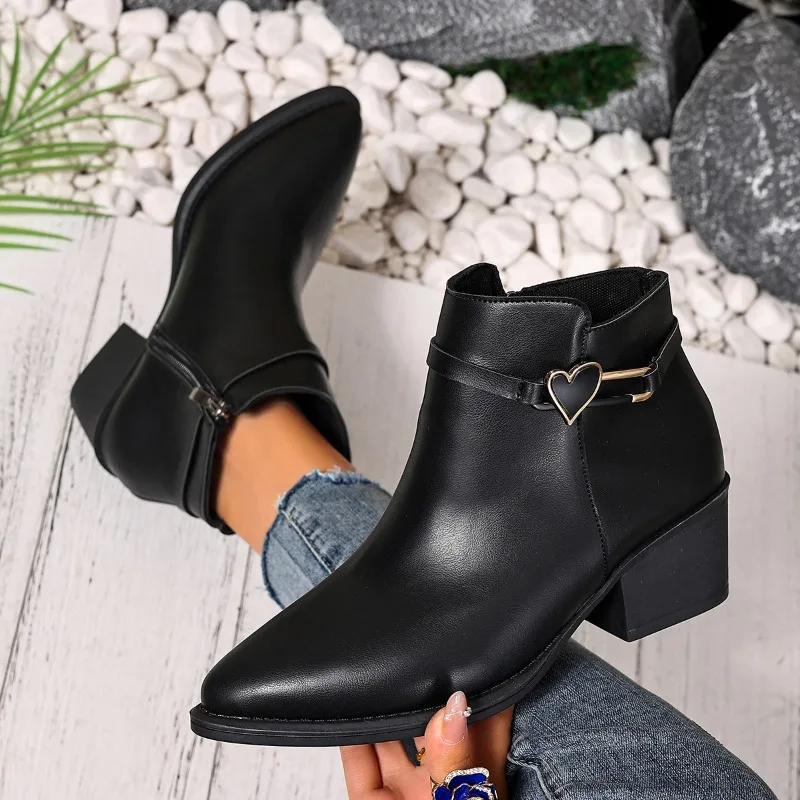 2025 New Block Heel Booties Women's Fashion Pointed Toe Side Pull Soft Sole Anti-slip Wear-resistant High Heel Boots