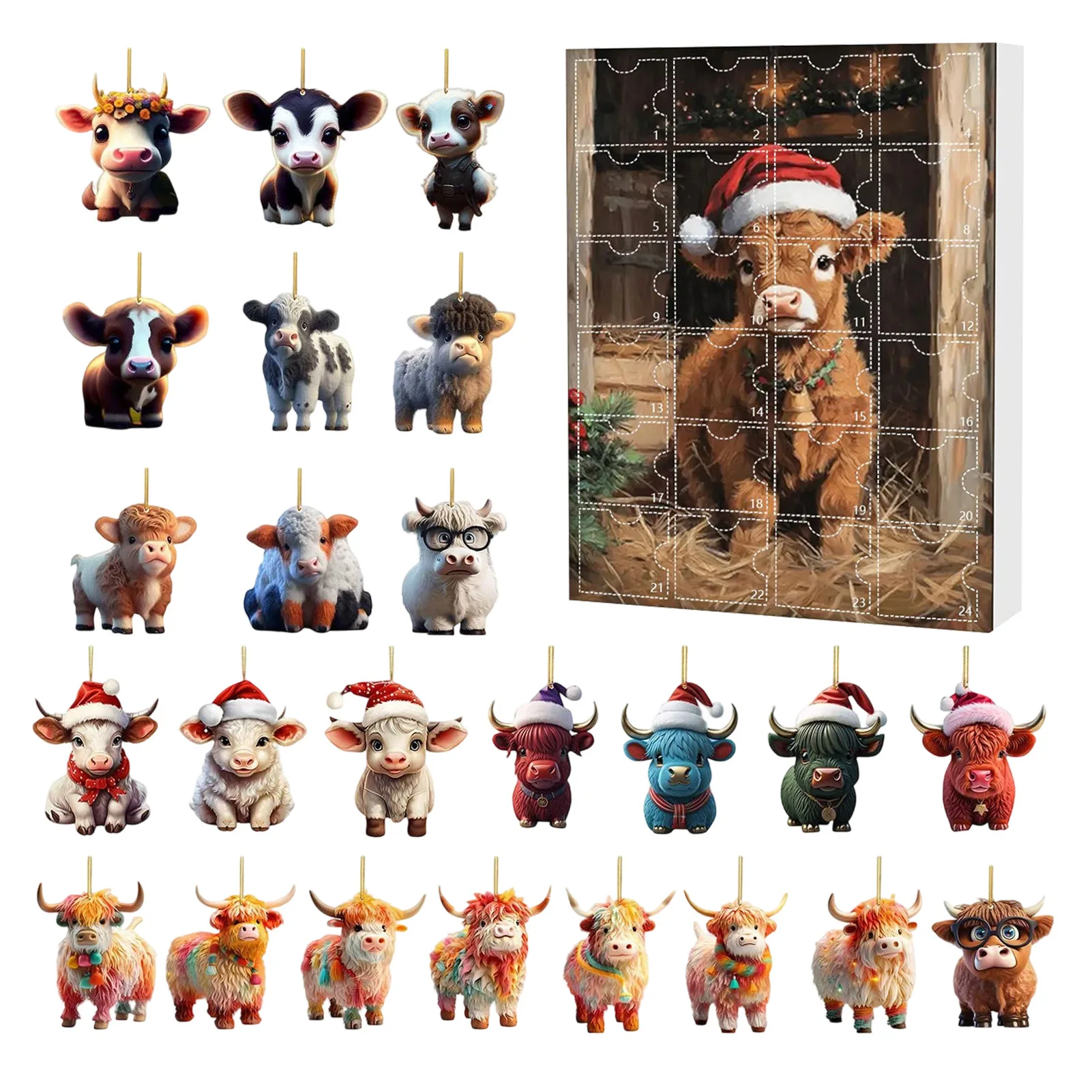 Bonecas de ação highland vaca calendário do advento 2025 contagem regressiva do feriado 2d gado decoração de natal ornamento 24 peças caixa cega