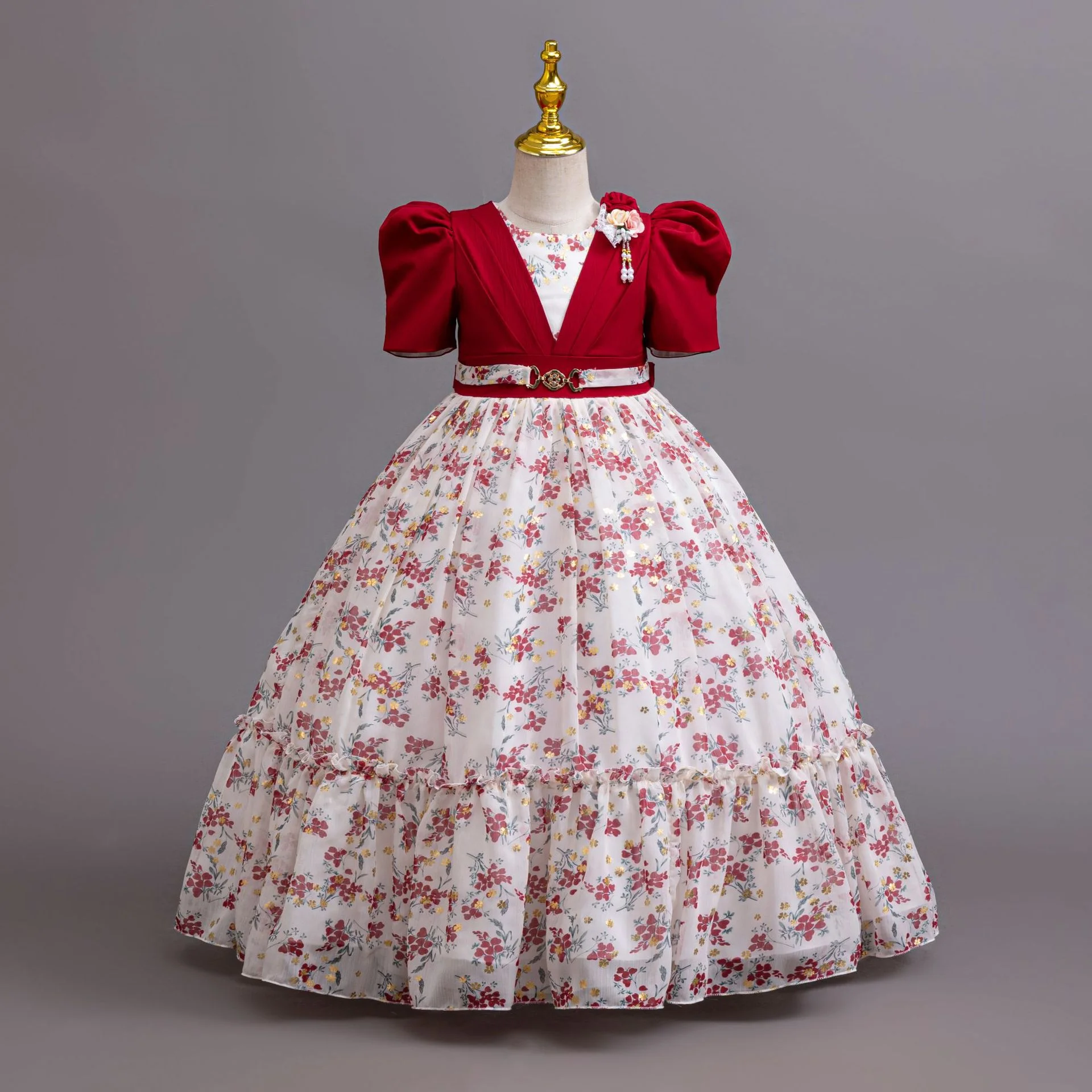 

elegant girls print dress 4-12 year old girl carnival birthday party flower bow princess dress puff sleeve chiffon pattern Girl