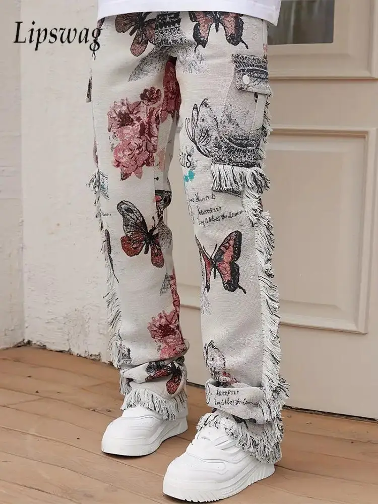 

Vintage Tassel Designer Jeans Streetwear Y2K Style Butterfly Printing Slim Fit Denim Trousers Spring Summer Hip Hop Jean Pants