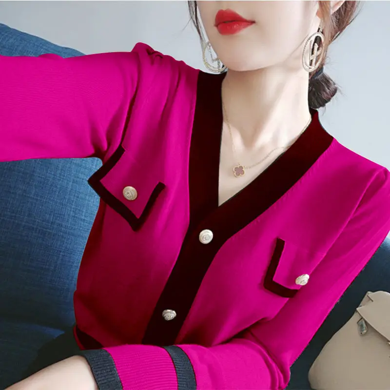 Elegant V-Neck Button Spliced Knitted Blouse Women\'s Clothing 2022 Autumn New Loose Casual Pullovers All-match Office Lady Shirt