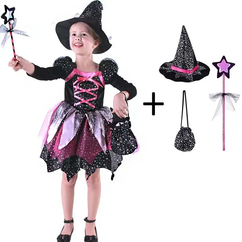 Mädchen Glitzer-Stern-Hexenkleid mit Langen Ärmeln, Unregelmäßigem Netzstoff und Vollständigem Zubehör für Halloween-Partys und Kinder-Cosplay – Detail 4
