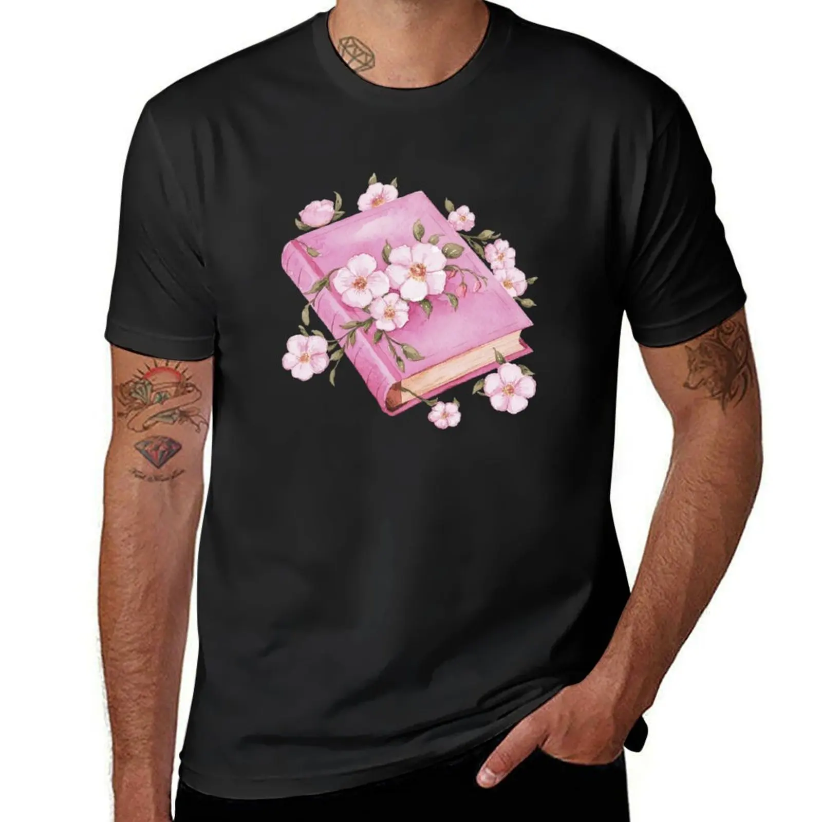 Pink flowers with book T-Shirt hippie clothes cute tops tees plus sizes men clothing