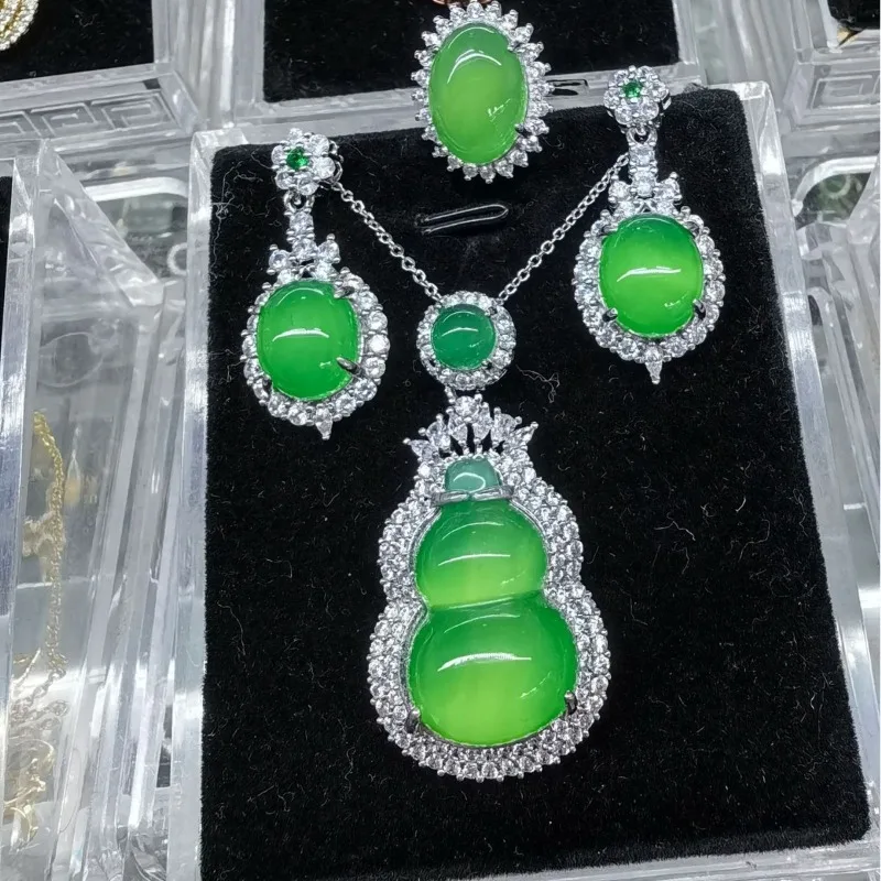 

Agate Chalcedony Round Three or Four-piece Set High Ice Green Perfection Set Ring Pendant Earrings