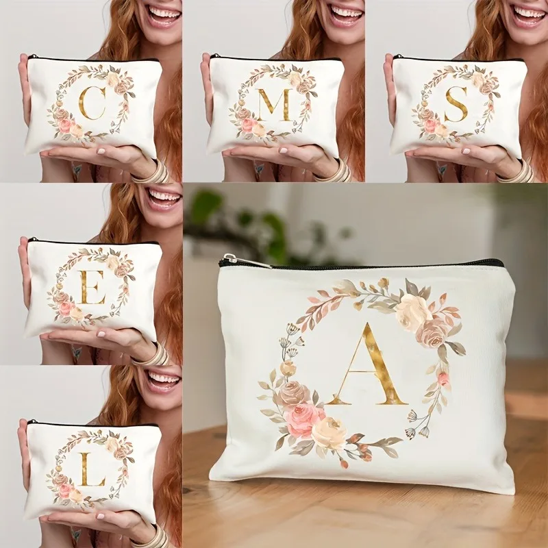 

Personalized Canvas Makeup Bag with Golden Letters and Floral Wreath Pattern - A Daily Use Makeup Bag Designed with Letters