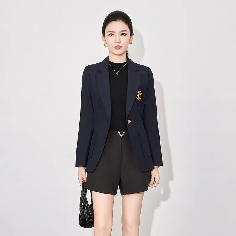 

2025 Autumn Winter High Quality Embriodery Notched Long Sleeve Single Button Lady Solid Slim Blazer