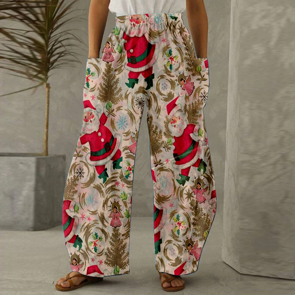 

High Waisted Santa Claus Pattern Cropped Pants, Trendy Wide Leg Pants, 3d Digital Printed Loose Pants, Factory Direct SalesWC5