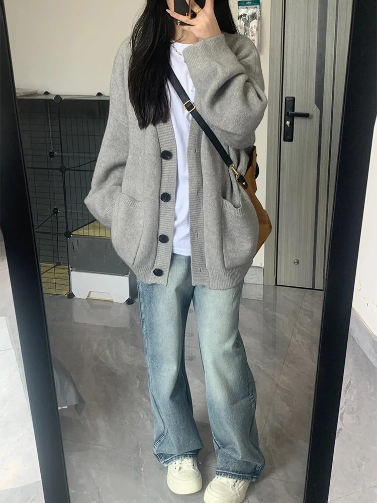 

Мужской кардиган с V-образным вырезом, весенне-осенний, вязаный, в стиле кэжуал, свободного кроя, модный, в стиле бойфренд, повседневный, свободный крой