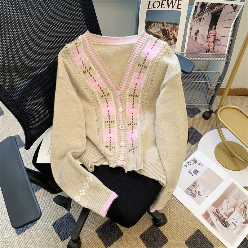 Splicing Green V-neck Y2K Sweater Cashmere Jacket Women's Clothing Knitting Sweater Cardigan Vintage Fashion Autumn Tops