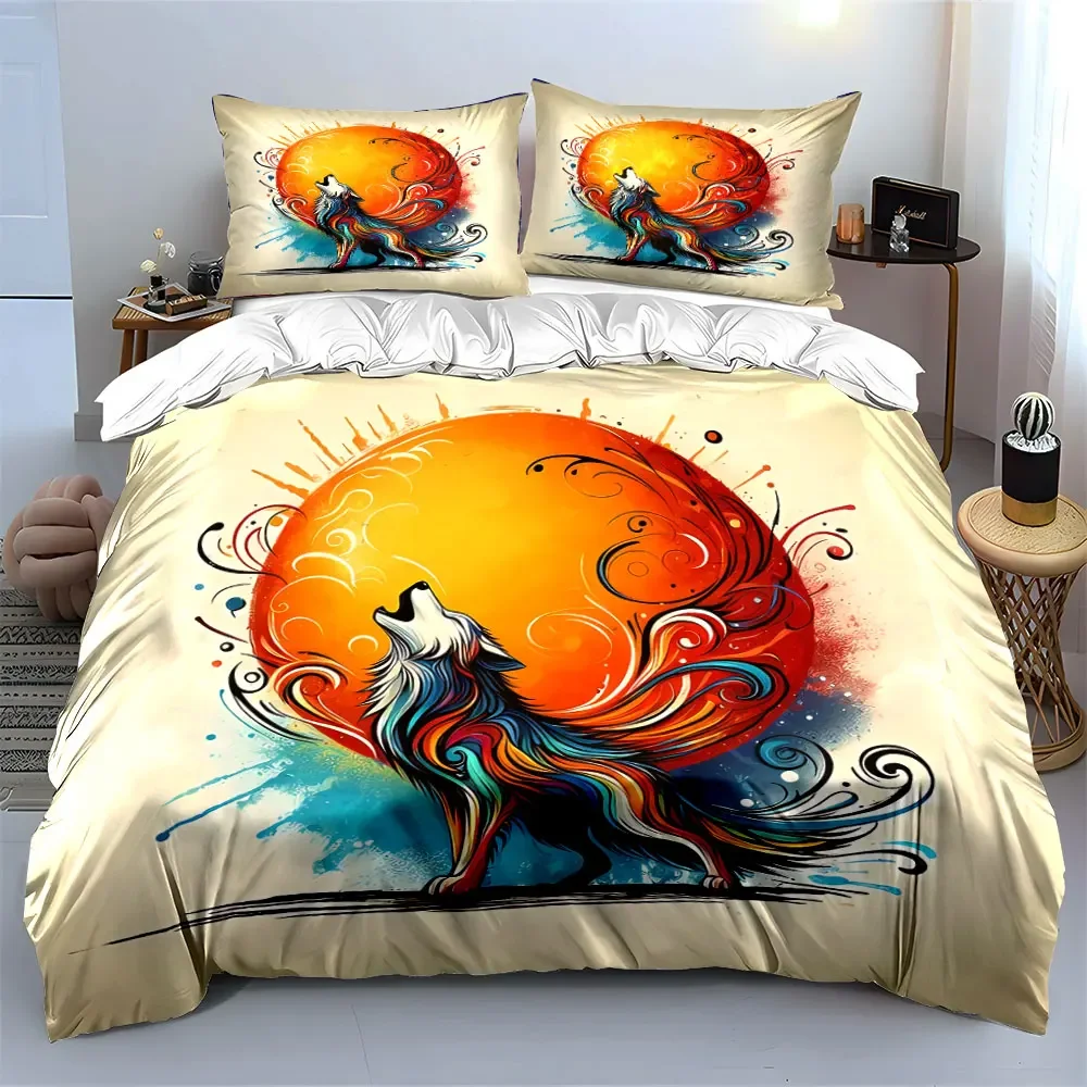 

Colorful Wolf Art Decor Set Bedding Set with 1 Duvet Cover 2 Pillowcases Single Double King Queen, Gift