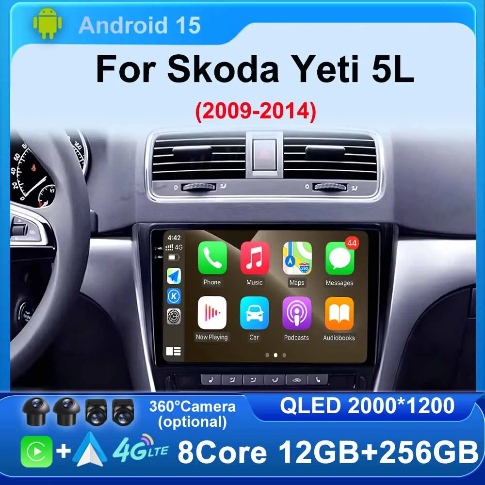 Android15 Carplay Auto Car Radio for Skoda Yeti 5L 2009-2014 WIFI 4G BT GPS Navigation Multimedia Video Player DSP Stereo