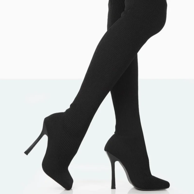 2022 New Stiletto Square Toe Boots Knitted Elastic Socks Boots High Heel Stovepipe Sleeve Over The Knee Boots Large 35-43