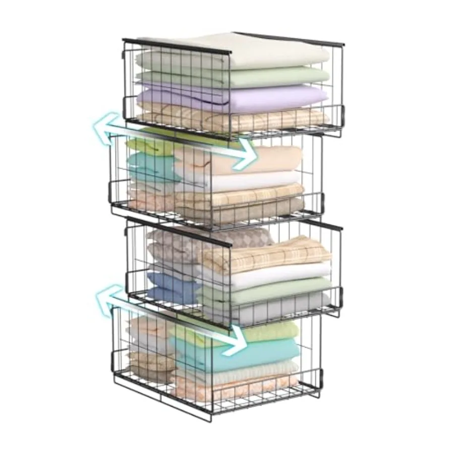 

4-Tier Stackable Closet Storage Bins Foldable Organizer Shelves for Wardrobe Clothes Sweaters and Accessories Space-Saving Draw