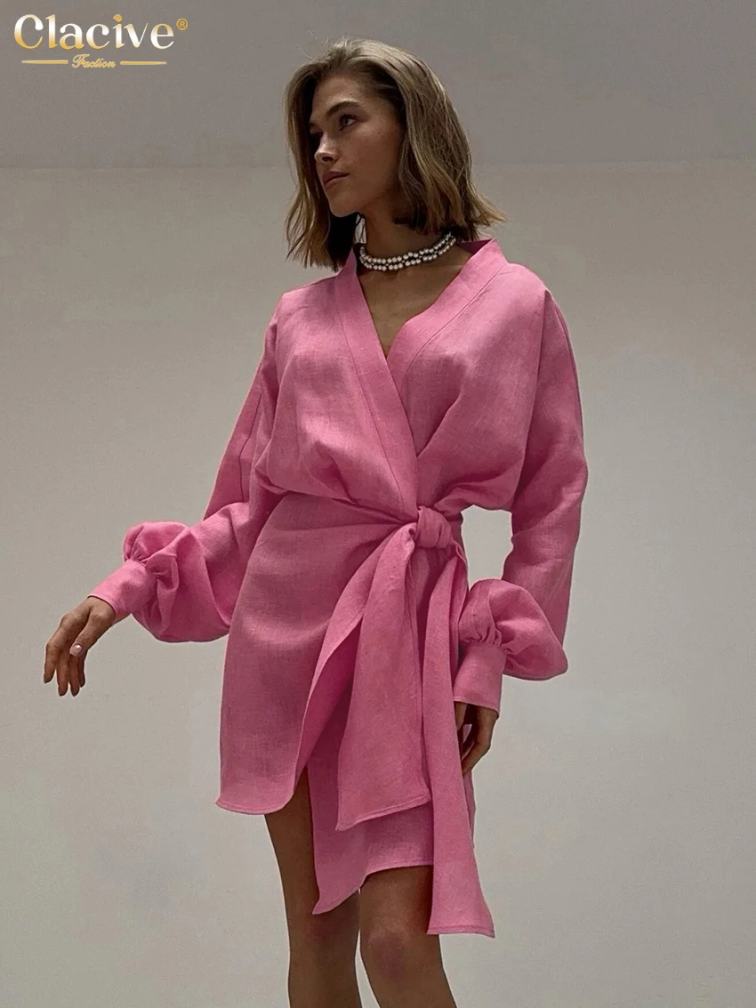 Clacive Fashion Loose Pink Cotton Women\'s Dress 2024 Casual V-Neck Long Sleeve Mini Dresses Elegant Classic Lace-Up Female Dress